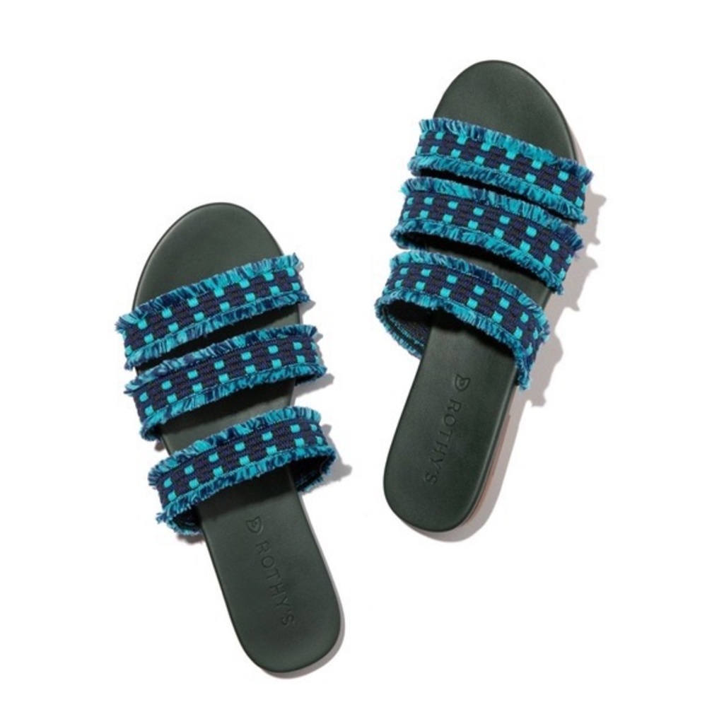 Rothy’s Teal Blue Fringe Triple Band Sandal